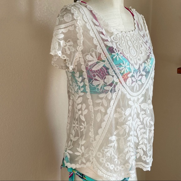 Xhilaration Sheer Lace Embroidered Boho Beach Coverup Top Size XS - Picture 6 of 12